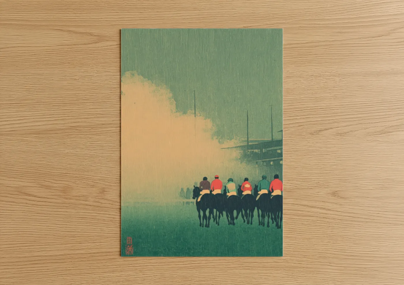 Horse racing art print on warm oak wood — light green and cream palette — Misty Race Day poster