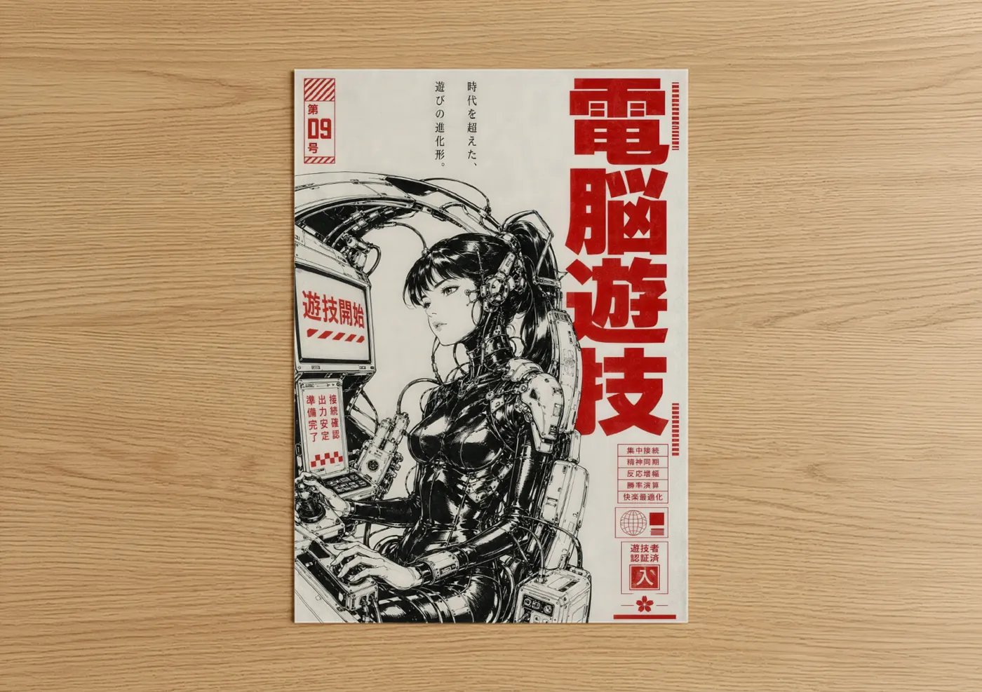 Sci fi art print on warm oak wood — black and white and red palette — Japanese Cyberpunk Geisha Sci-Fi Wall Art poster