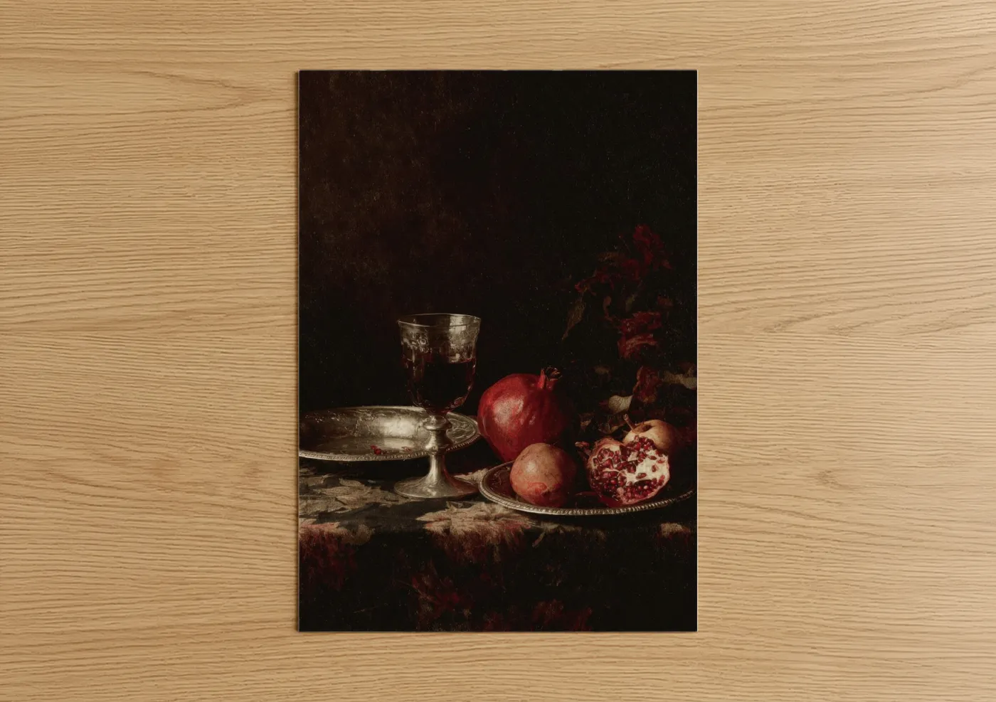 Red wine art print on warm oak wood — maroon and black palette — Crimson Elegance poster
