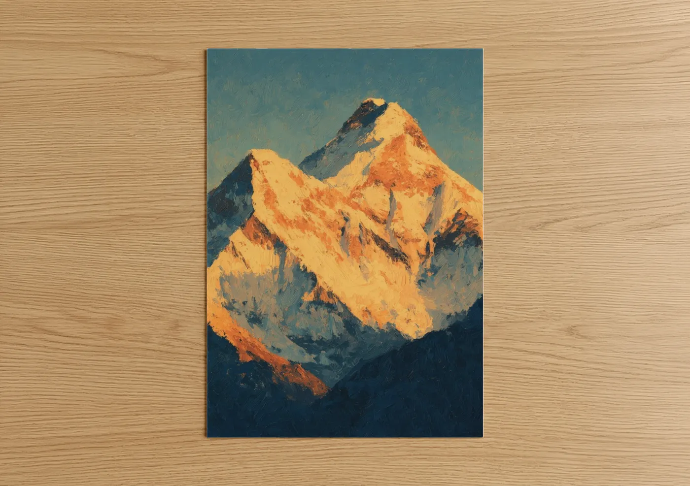 Mount everest art print on warm oak wood — gold and blue palette — Golden Peak Sunrise poster