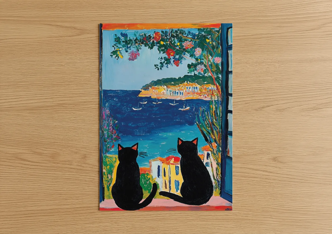 Black Cats Mediterranean Coastal View Wall Art