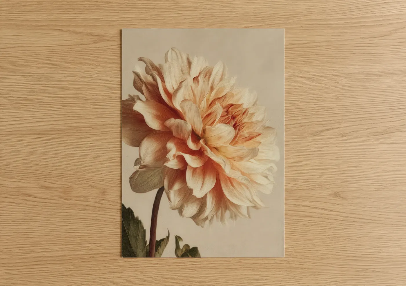 Art print on warm oak wood — cream and peach palette — Cream Dahlia poster