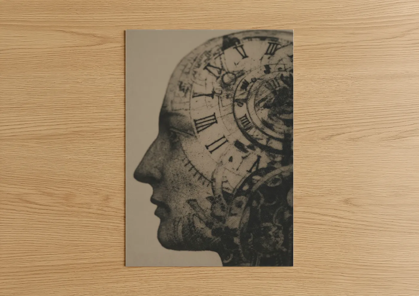 Body art art print on warm oak wood — black and white and dove gray palette — Clockwork Mind poster