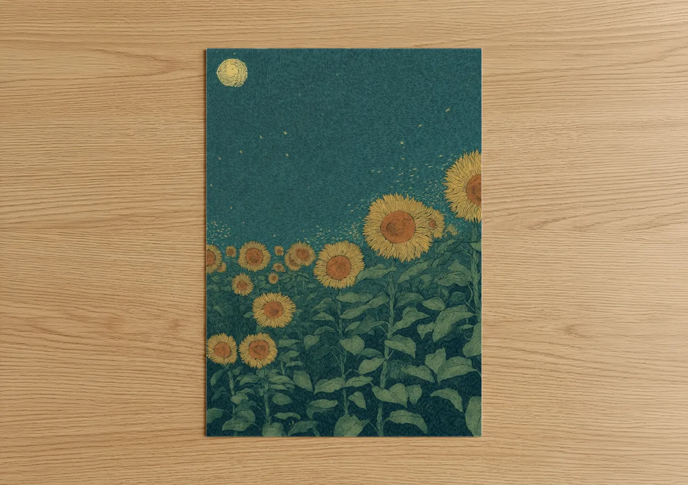 Dreamscape art print on warm oak wood — teal and gold palette — Starlit Sunflower Field poster
