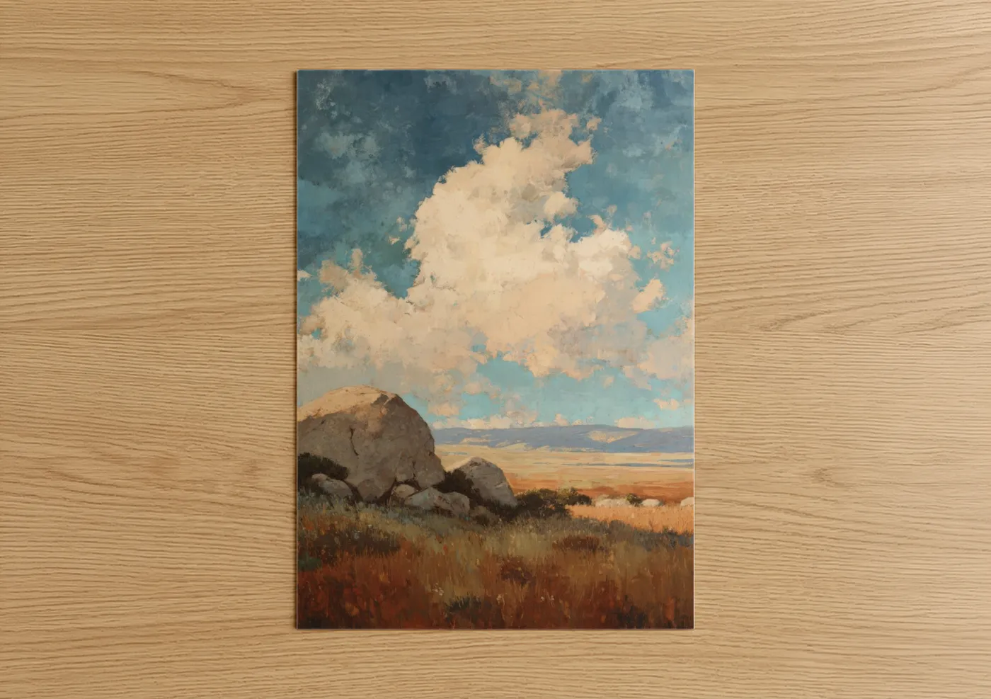 Natural stones art print on warm oak wood — blue and gold and cream palette — Desert Boulder Landscape poster