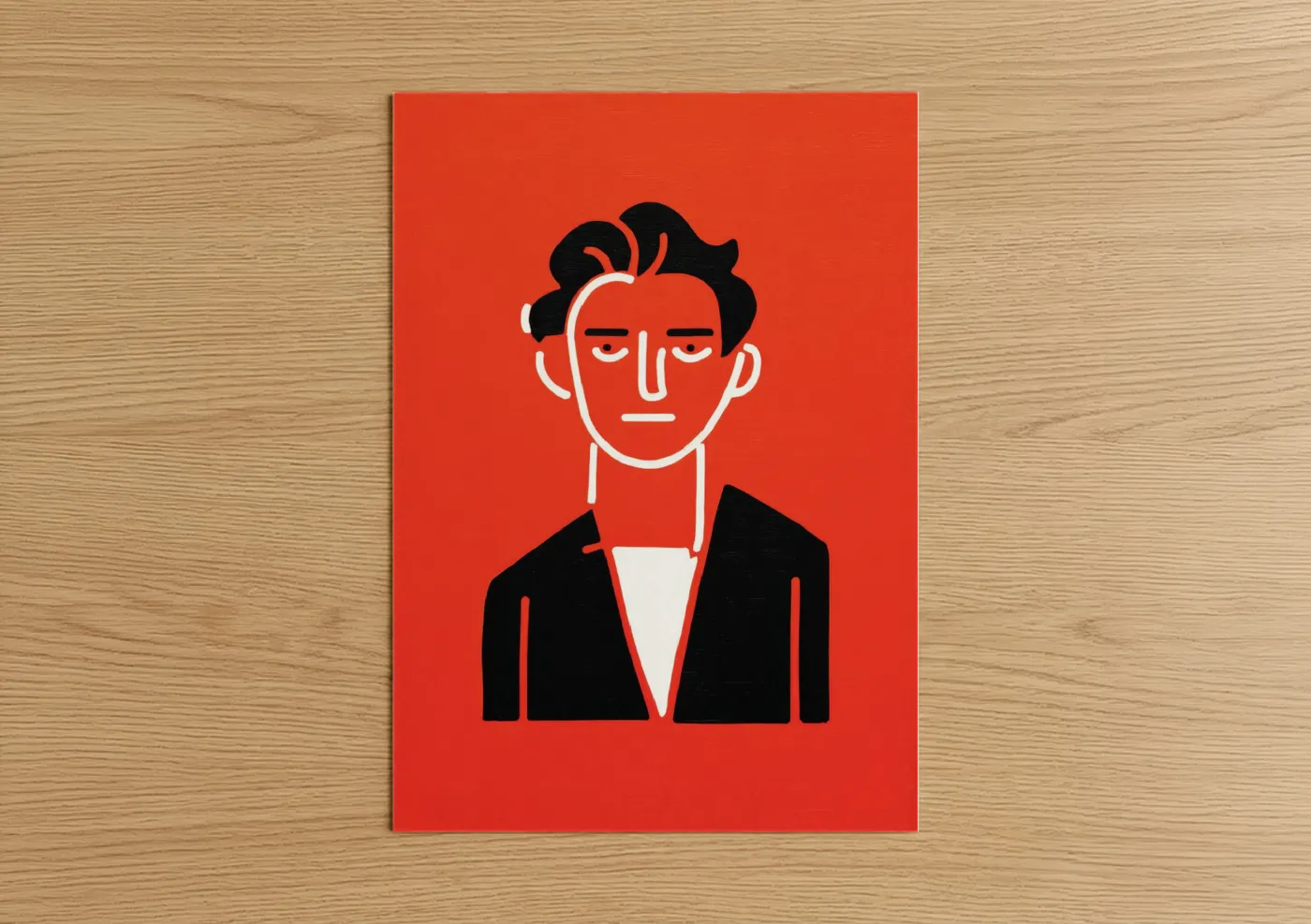 Fashion illustration art print on warm oak wood — red and black and white palette — Modern Man Portrait poster