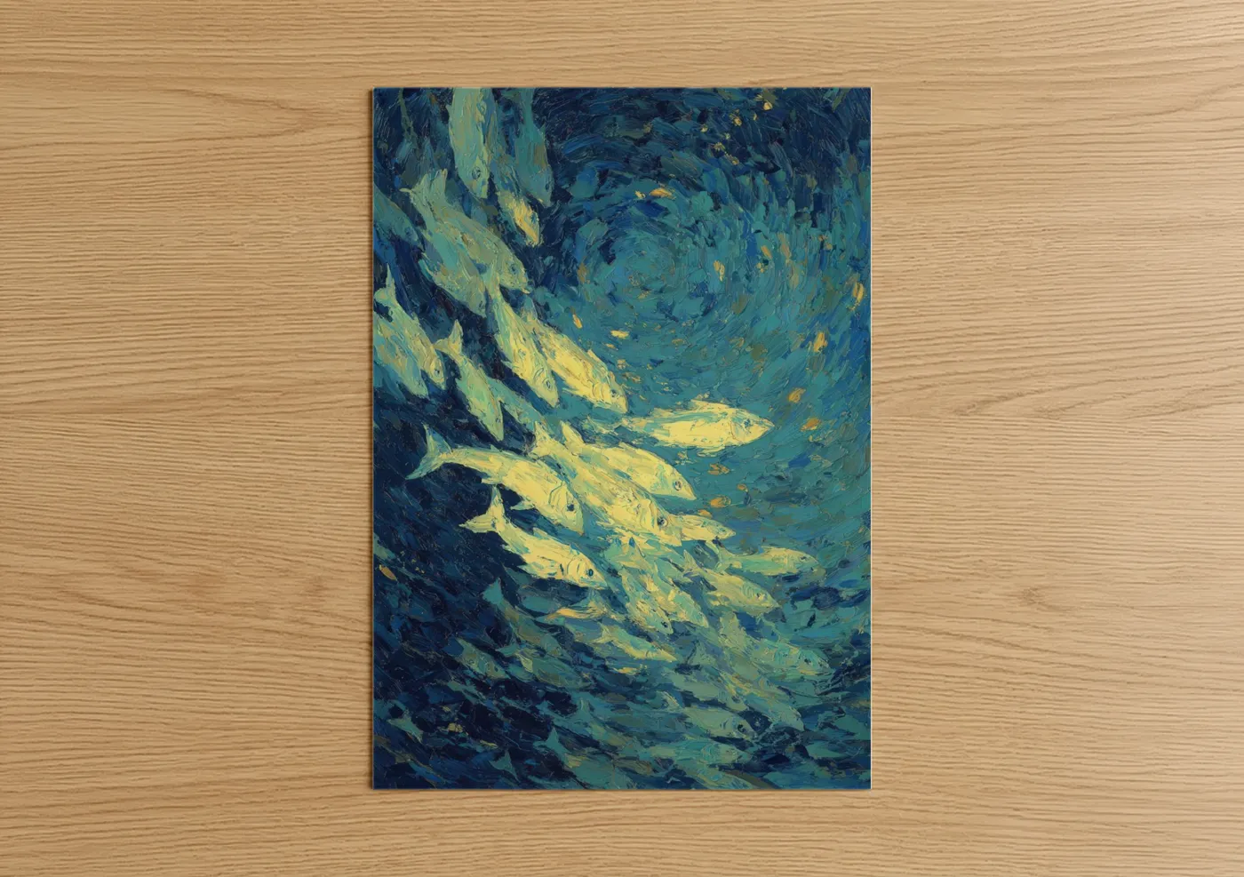 Art print on warm oak wood — blue and gold and teal palette — Golden Bass School poster