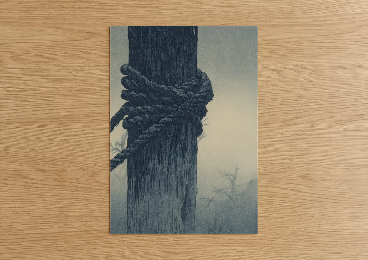 Rope knots art print on warm oak wood — gray and black and white palette — Weathered Rope Knot poster