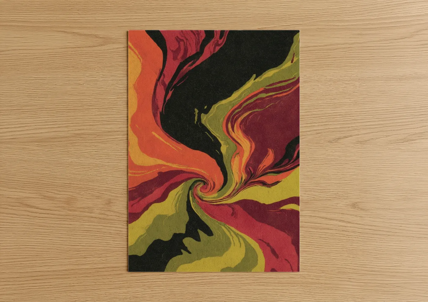 Abstract expressionism art print on warm oak wood — orange and red palette — Molten Swirl poster