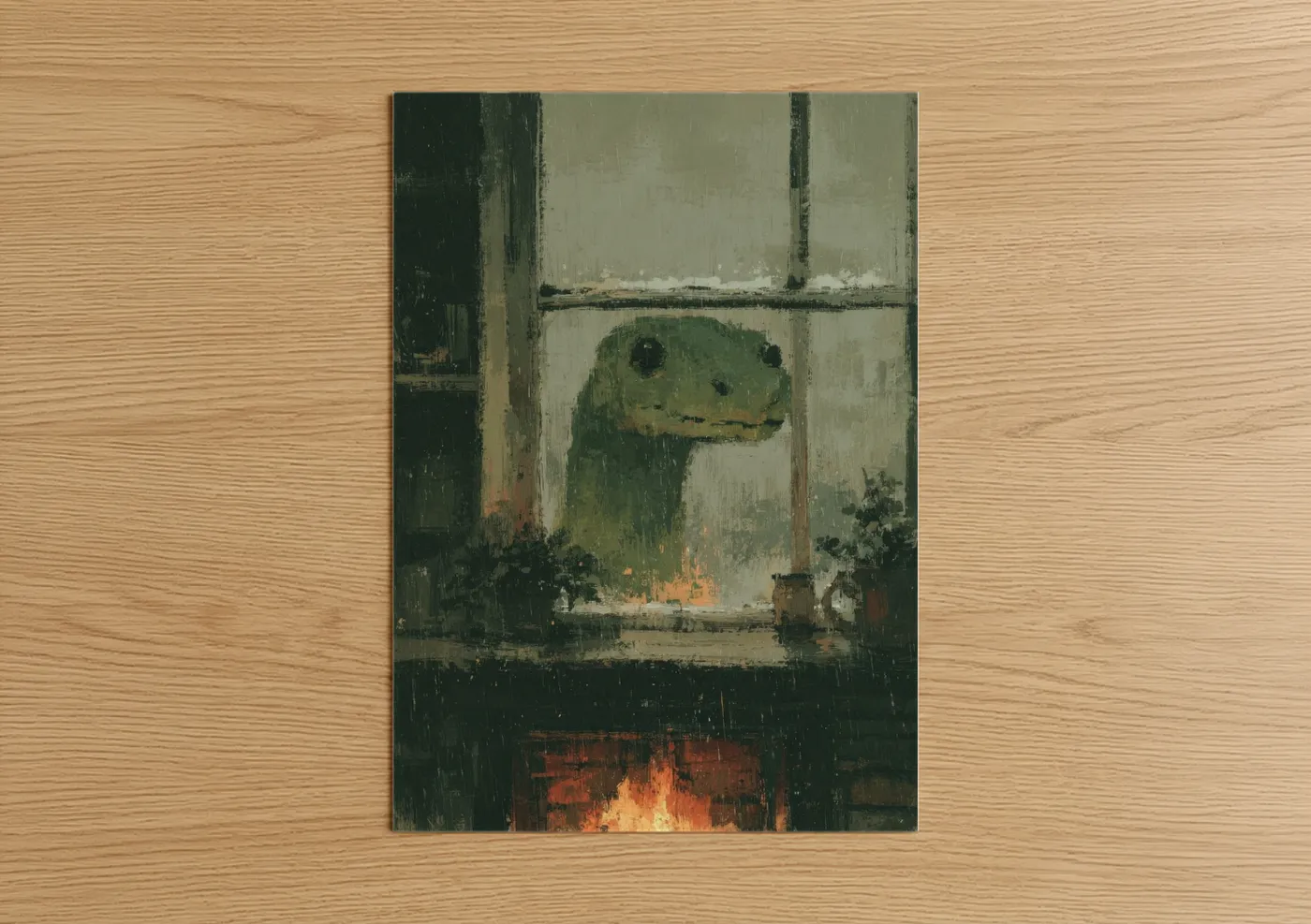Loch ness monster art print on warm oak wood — sage green and brown palette — Window Watcher poster