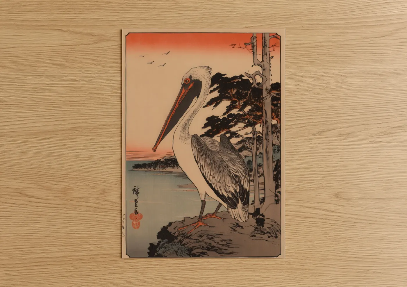 Riverside Pelican Japanese Woodblock Wall Art