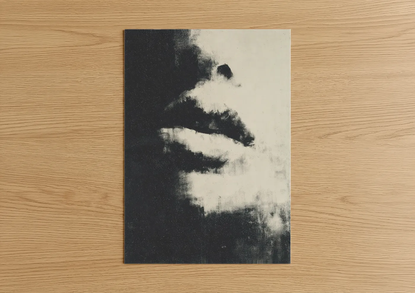 Lip art print on warm oak wood — black and white and gray palette — Whispered Elegance poster