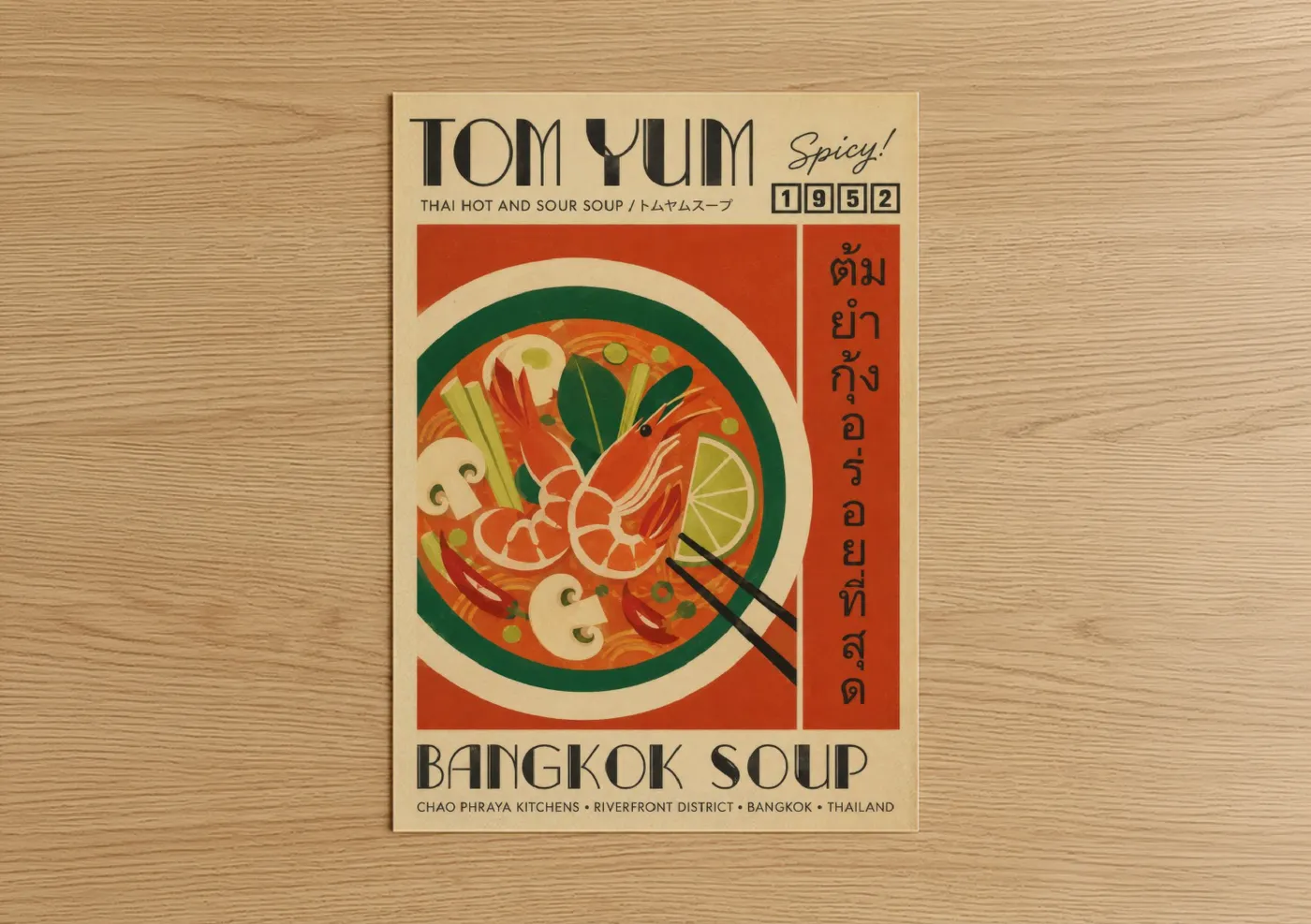 Shrimp art print on warm oak wood — orange and cream palette — Tom Yum Thai Soup Vintage Wall Art poster