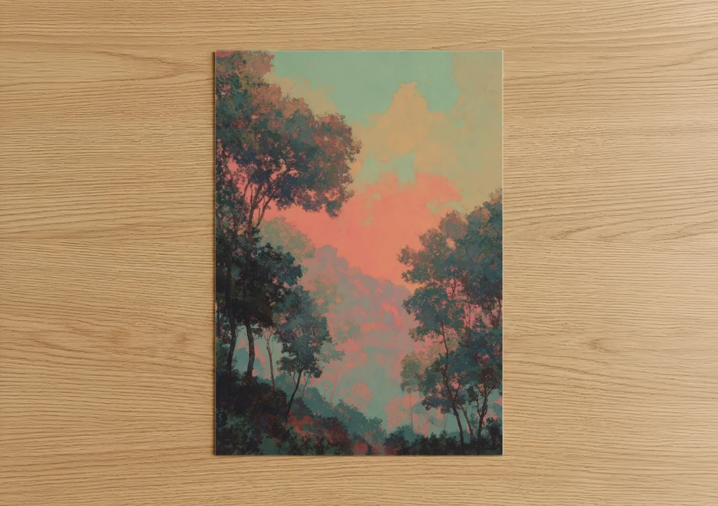 Crimson Oak Forest Sunset Landscape Wall Art