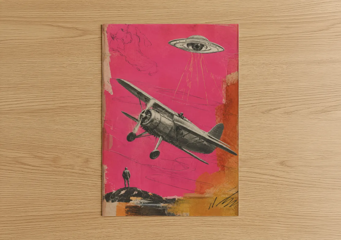 Art print on warm oak wood — magenta and orange palette — Vintage Airplane UFO Encounter Wall Art poster