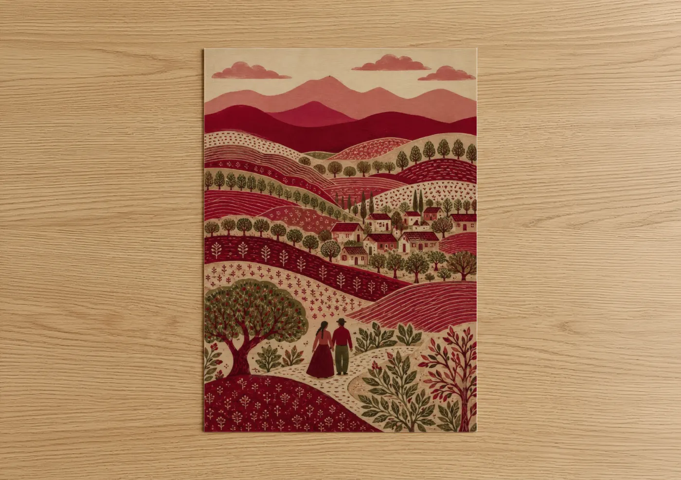 Art print on warm oak wood — maroon and beige palette — Rural Village Landscape Mountain Wall Art poster