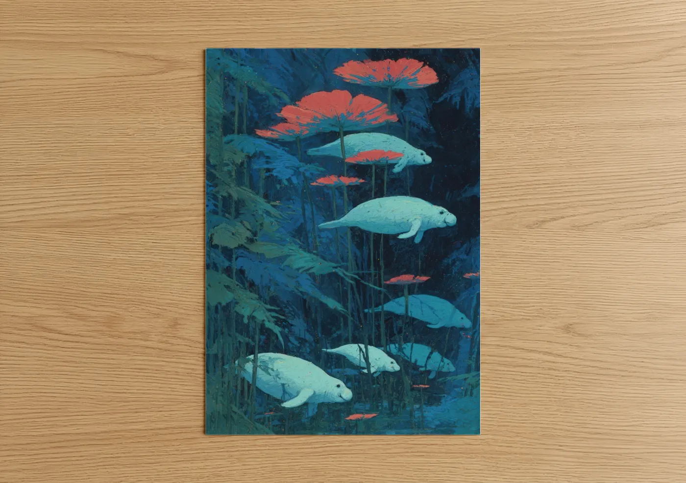 Underwater Manatees with Red Flowers Wall Art