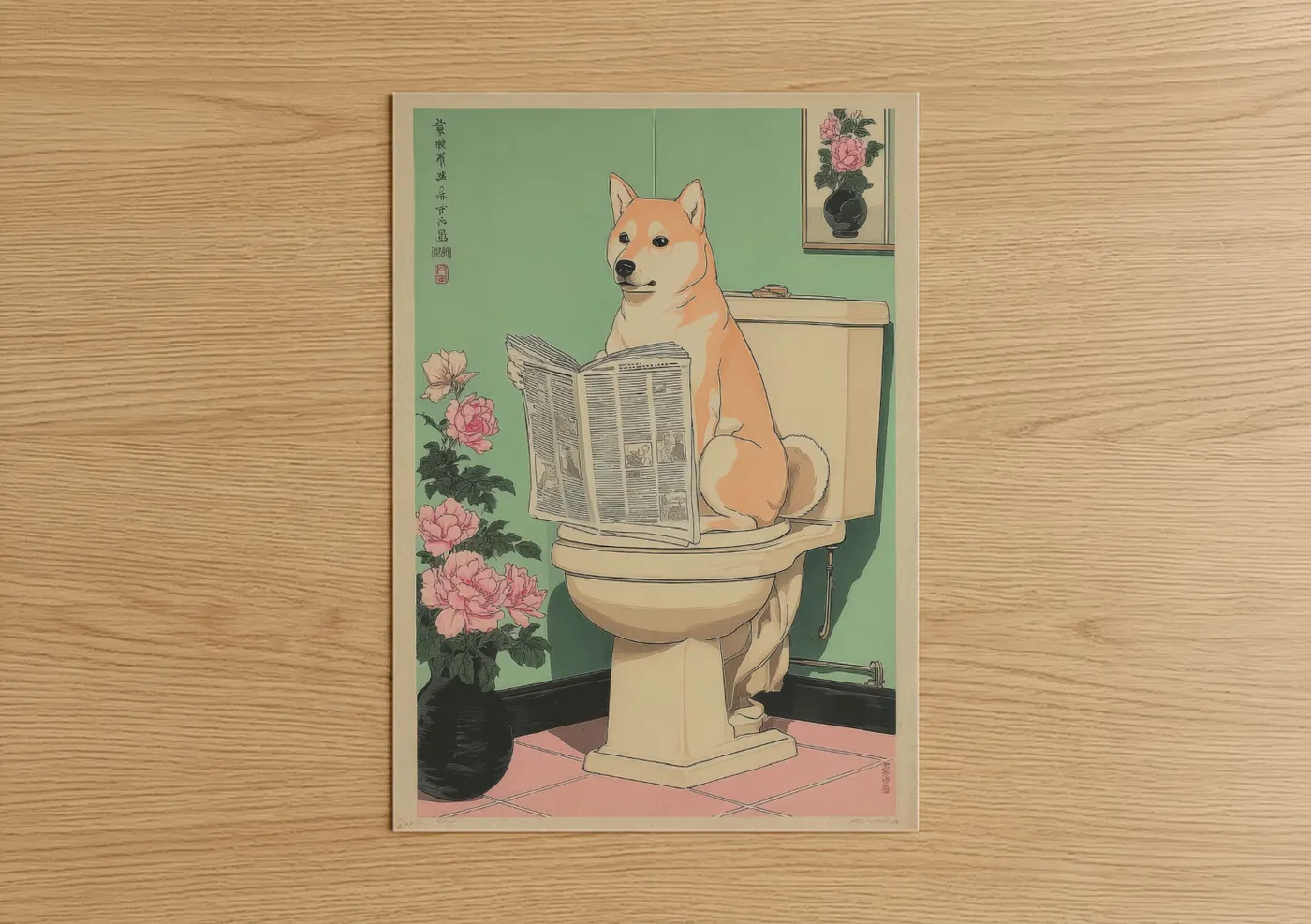 Vintage japanese ads art print on warm oak wood — light green and salmon pink palette — Reading Shiba Inu poster