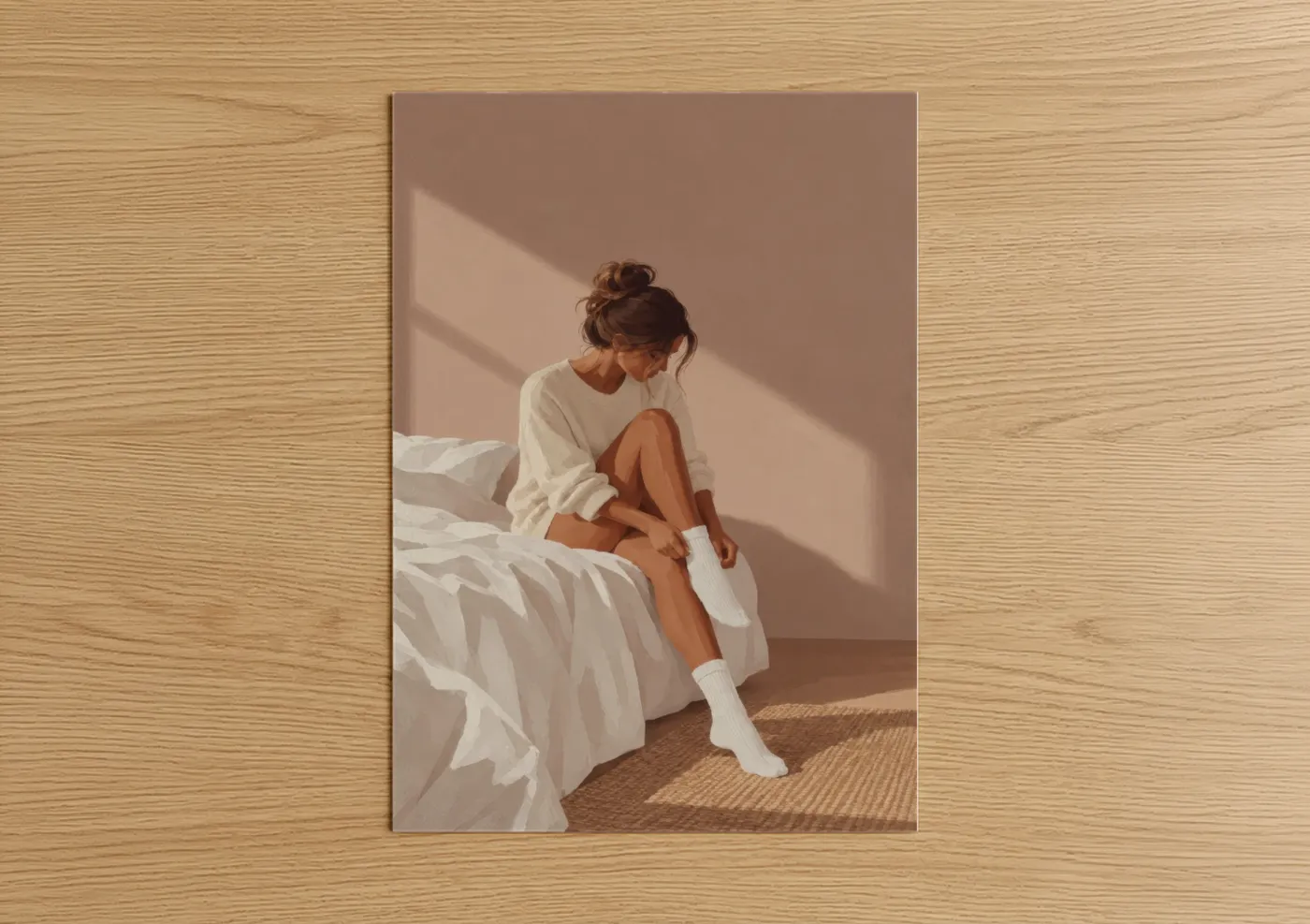 Art print on warm oak wood — beige and cream palette — Morning Serenity Bedroom Wall Art poster