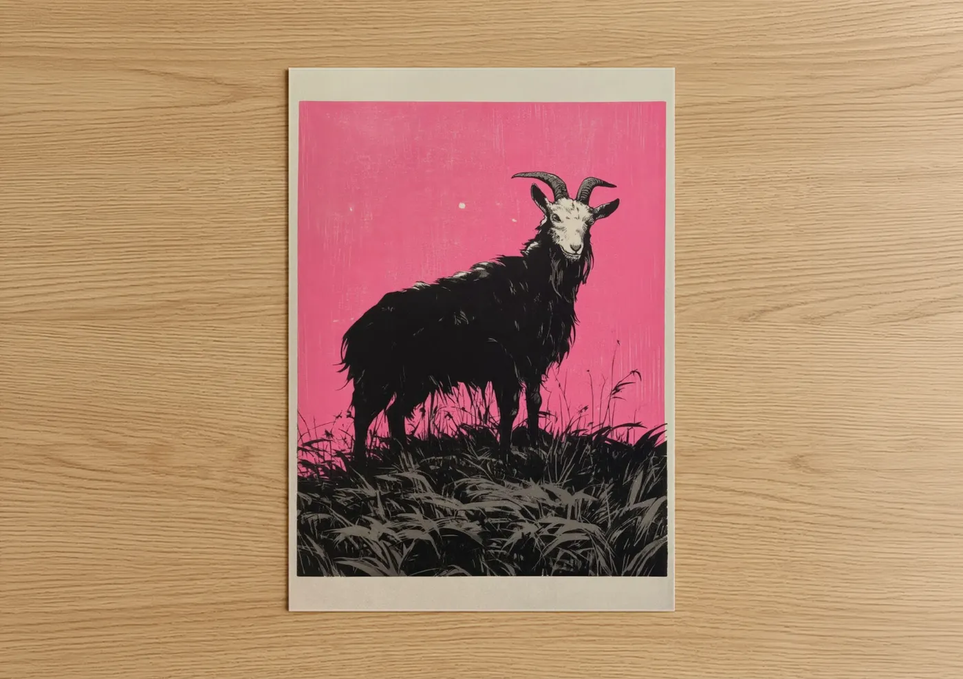 Art print on warm oak wood — magenta and black and white palette — Pink Goat Portrait poster