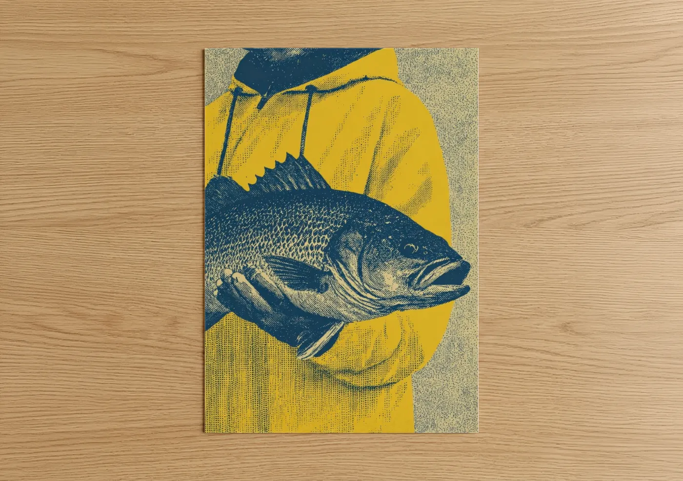 Fishing art print on warm oak wood — yellow gold and dark blue palette — Vintage Catch poster