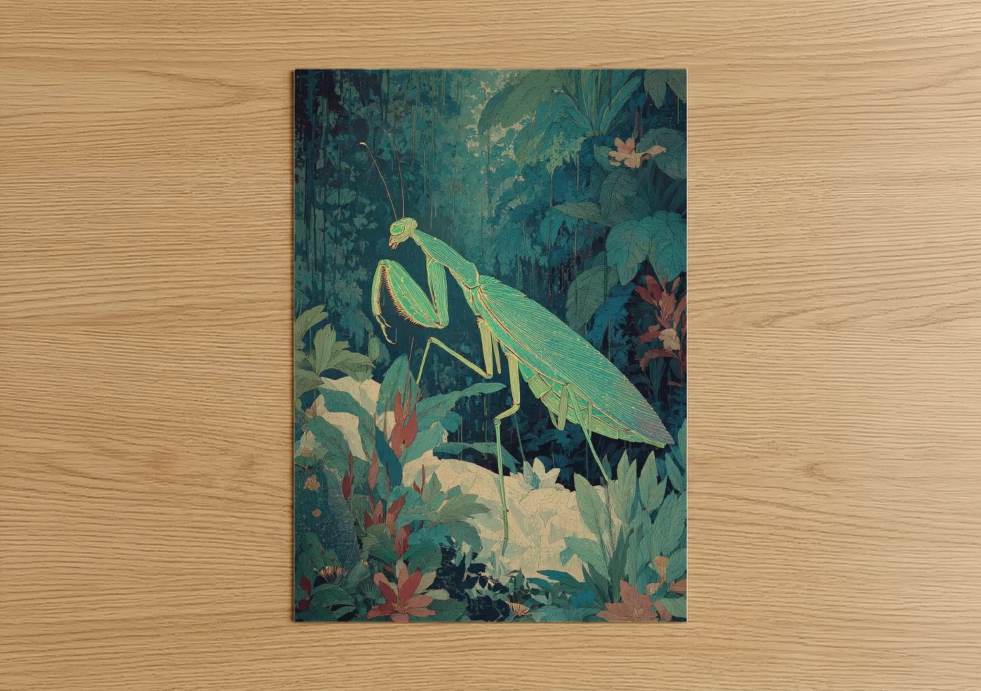 Emerald Mantis Garden Illustration Wall Art