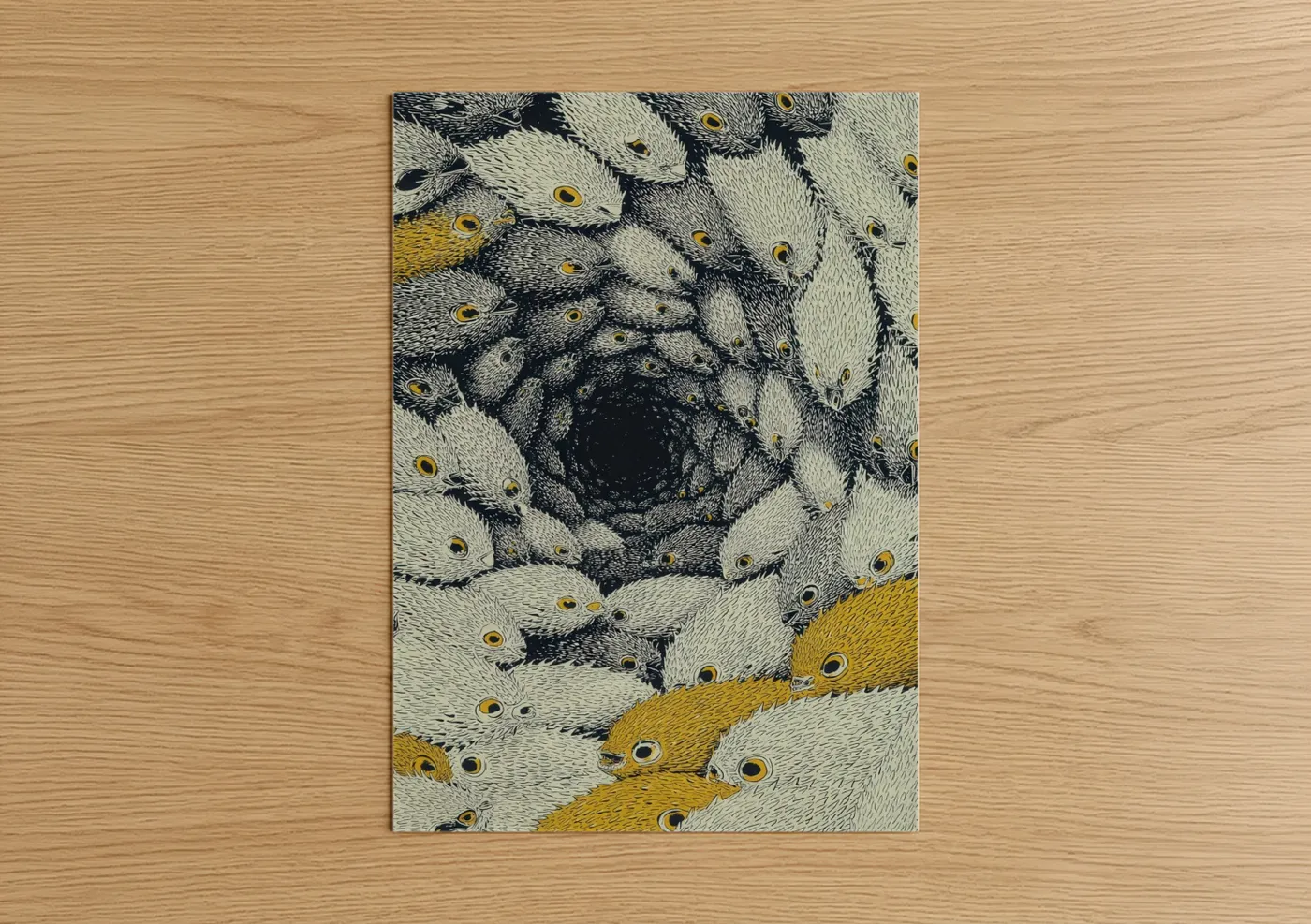 Art print on warm oak wood — gold and black and white palette — Golden Puffer Fish poster
