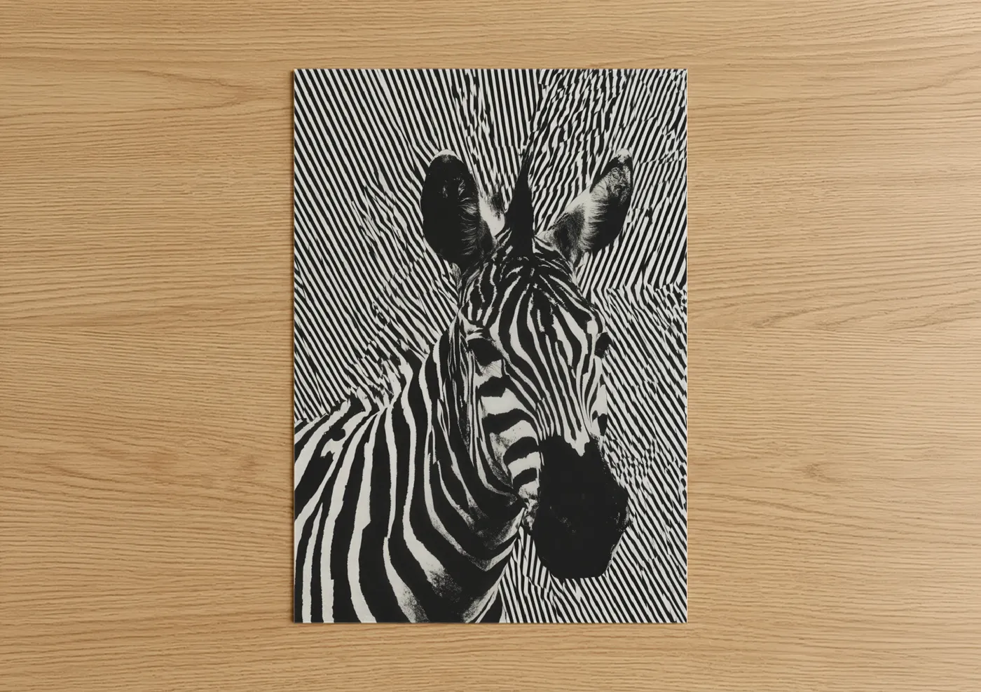 Art print on warm oak wood — black and white palette — Striped Zebra Portrait poster