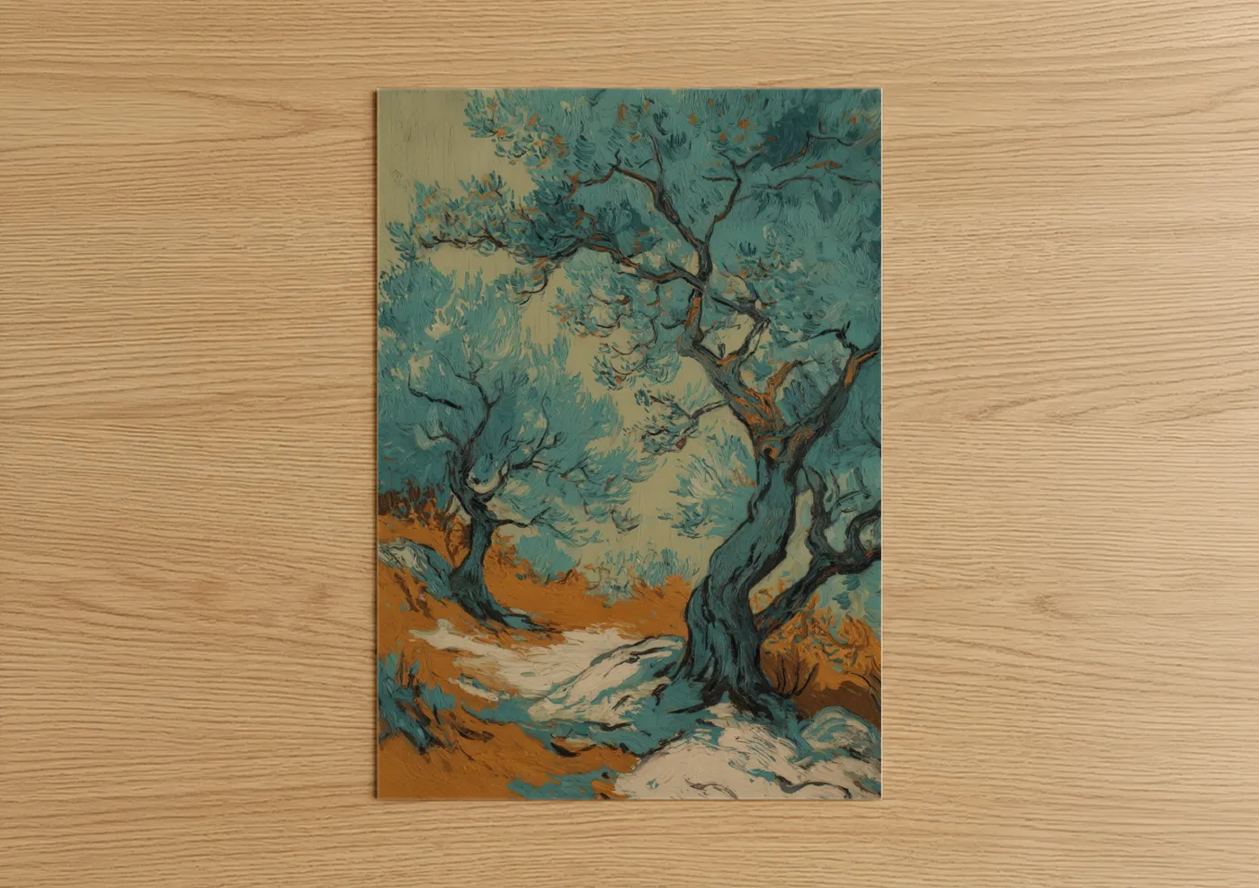 Olive tree art print on warm oak wood — teal and russet palette — Twisted Olive Grove poster