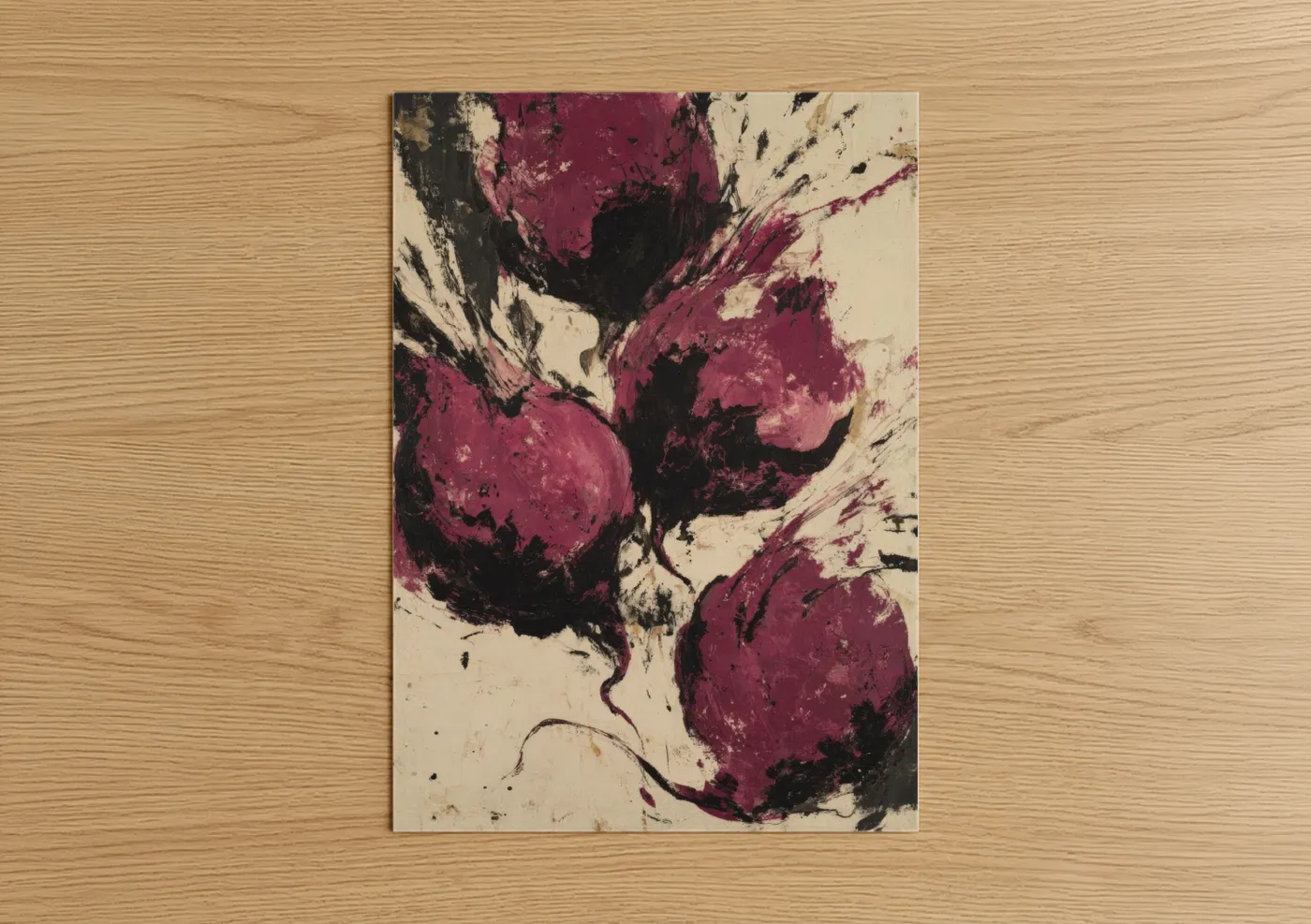 Vegetable art print on warm oak wood — maroon and cream palette — Maroon Beets poster