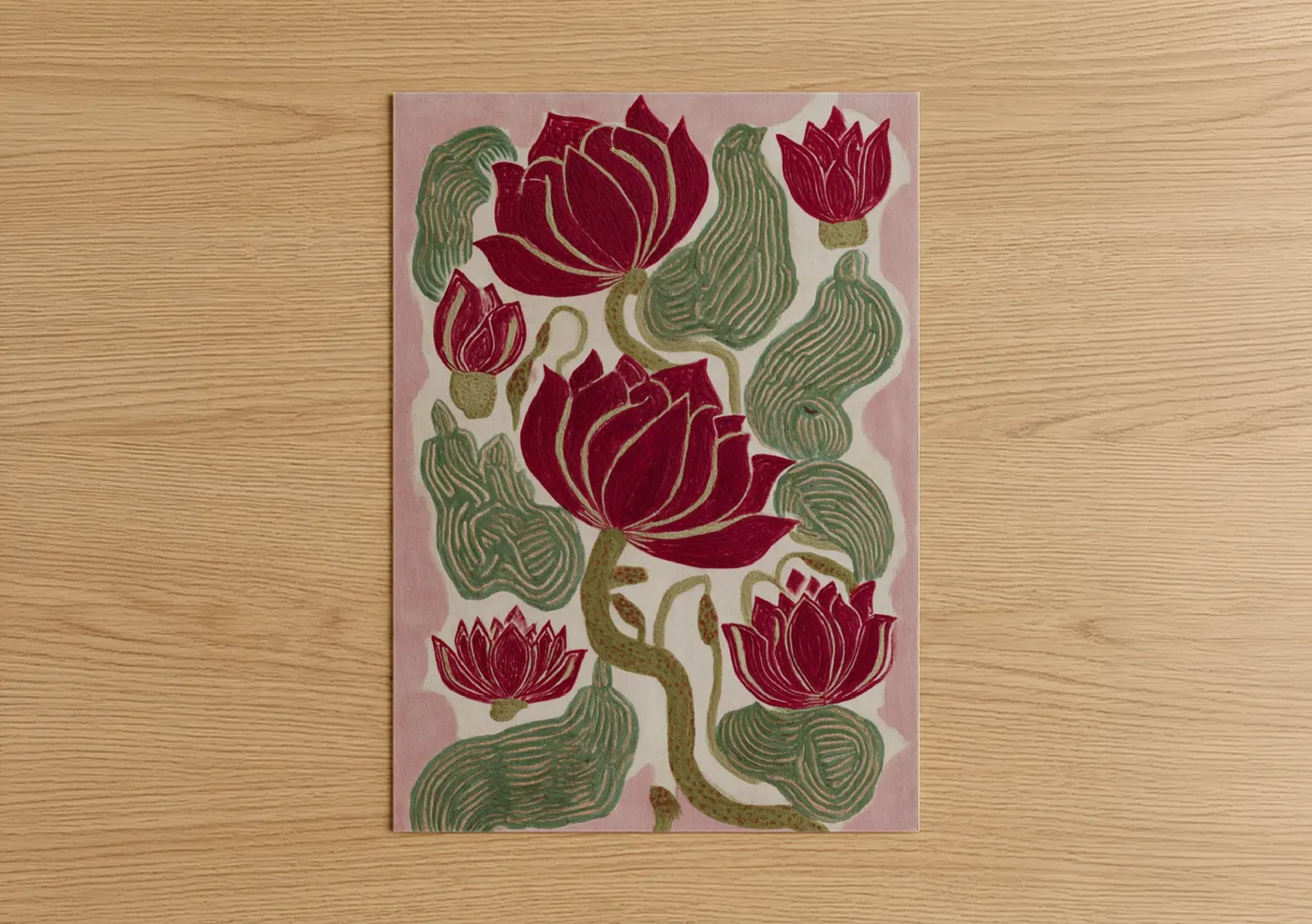 Art print on warm oak wood — maroon and sage green palette — Crimson Lotus Garden poster