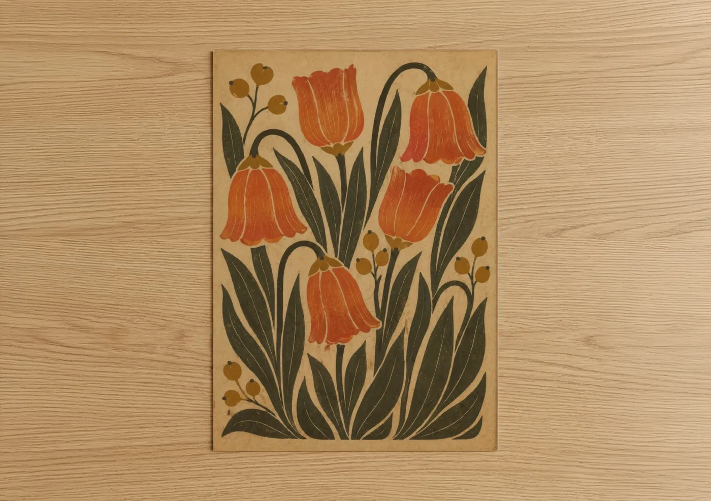 Flower art print on warm oak wood — orange and beige palette — Vintage Tulip Botanical Wall Art poster