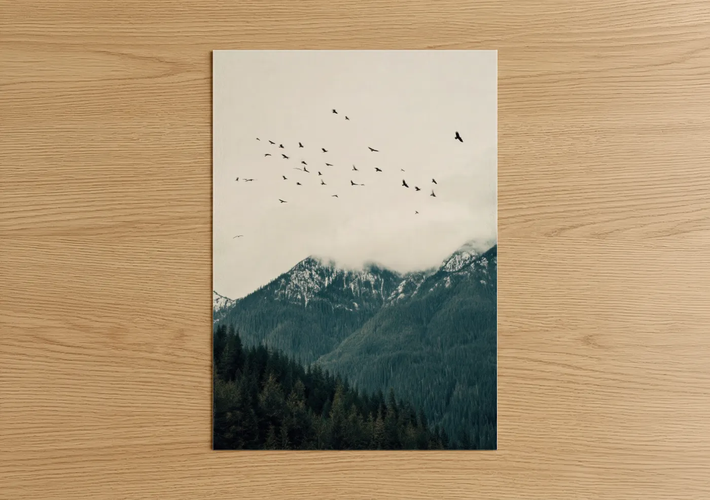 Art print on warm oak wood — teal and dove gray palette — Mountain Eagle Flight poster