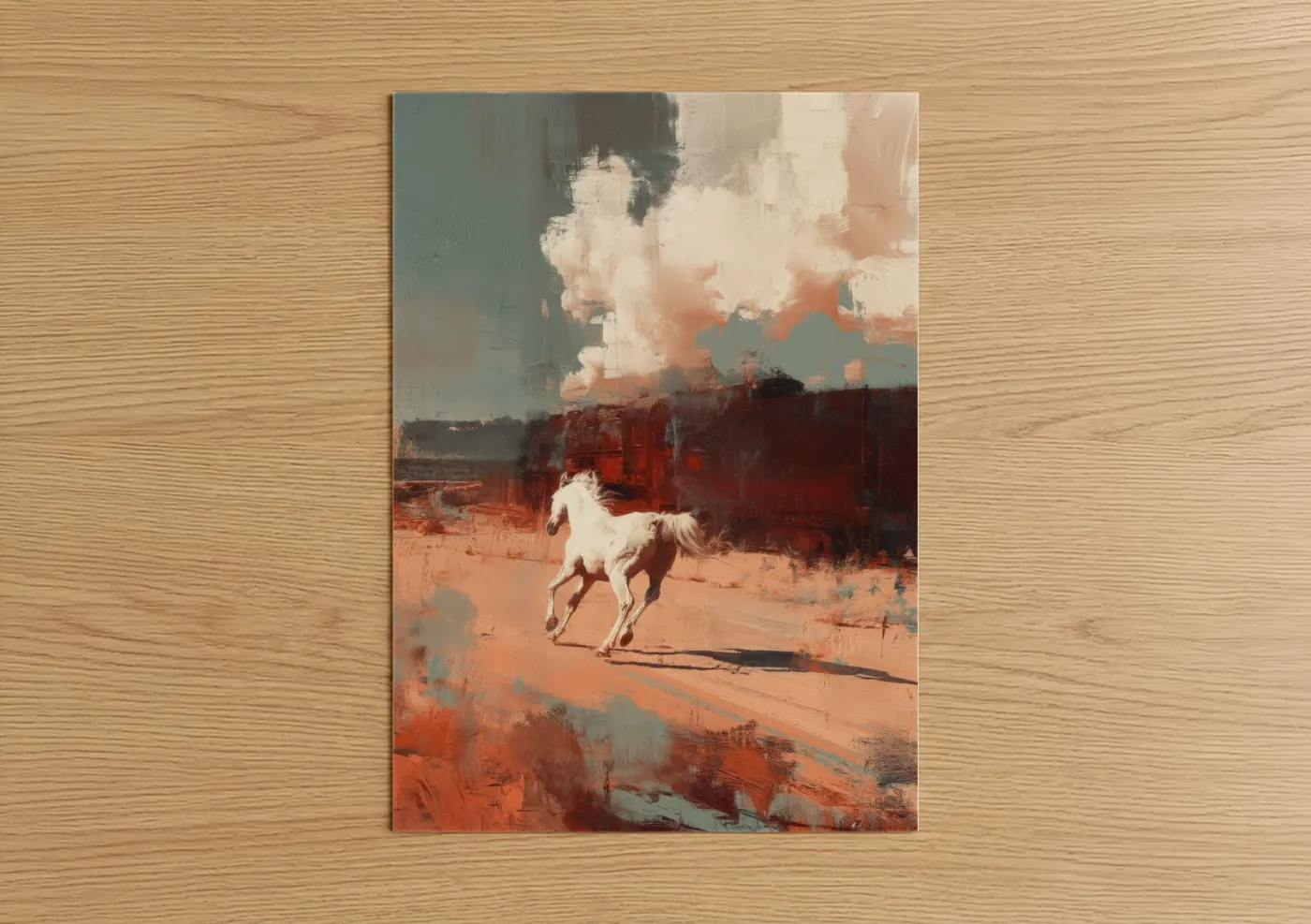 Arabian horse art print on warm oak wood — peach and teal palette — Desert Arabian poster