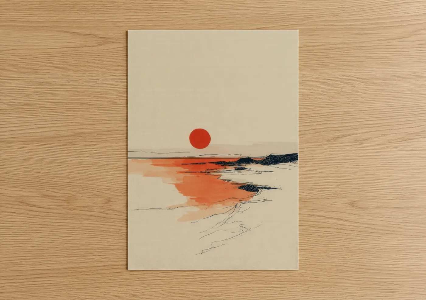 Sandy beach art print on warm oak wood — orange and beige palette — Crimson Sunset Beach poster