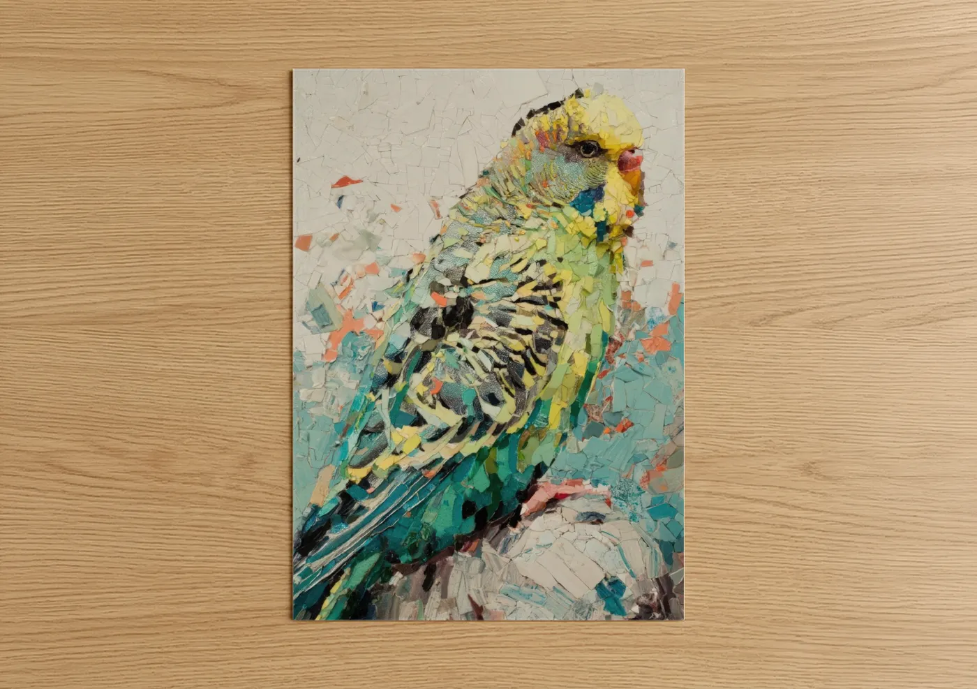 Budgeridar art print on warm oak wood — yellow gold and teal palette — Yellow Budgerigar Portrait poster