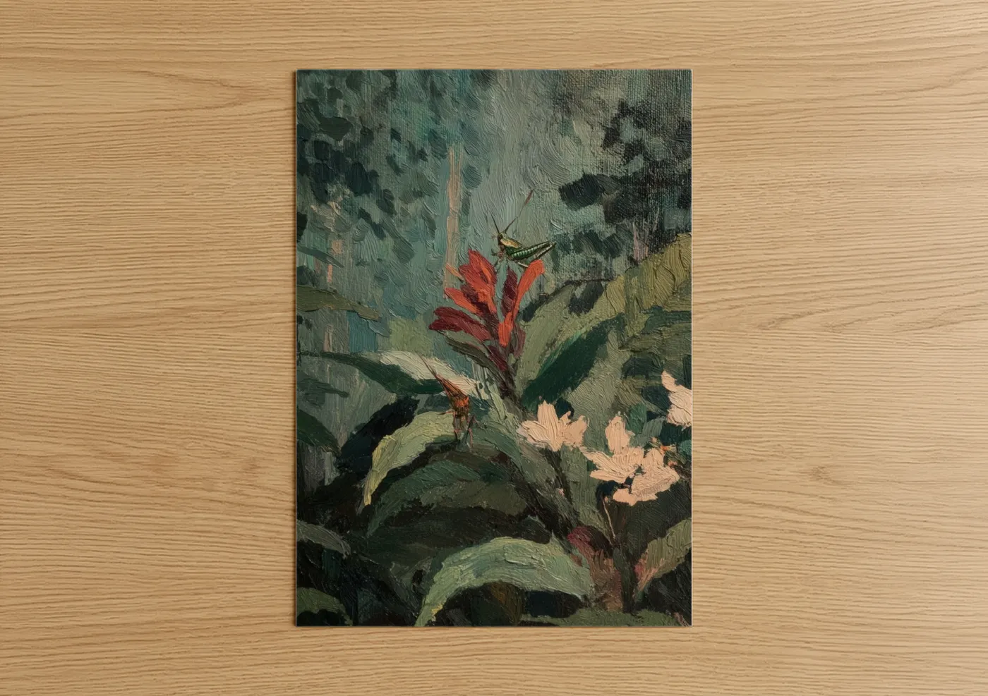 Art print on warm oak wood — dark green and salmon pink palette — Crimson Grasshopper Garden poster