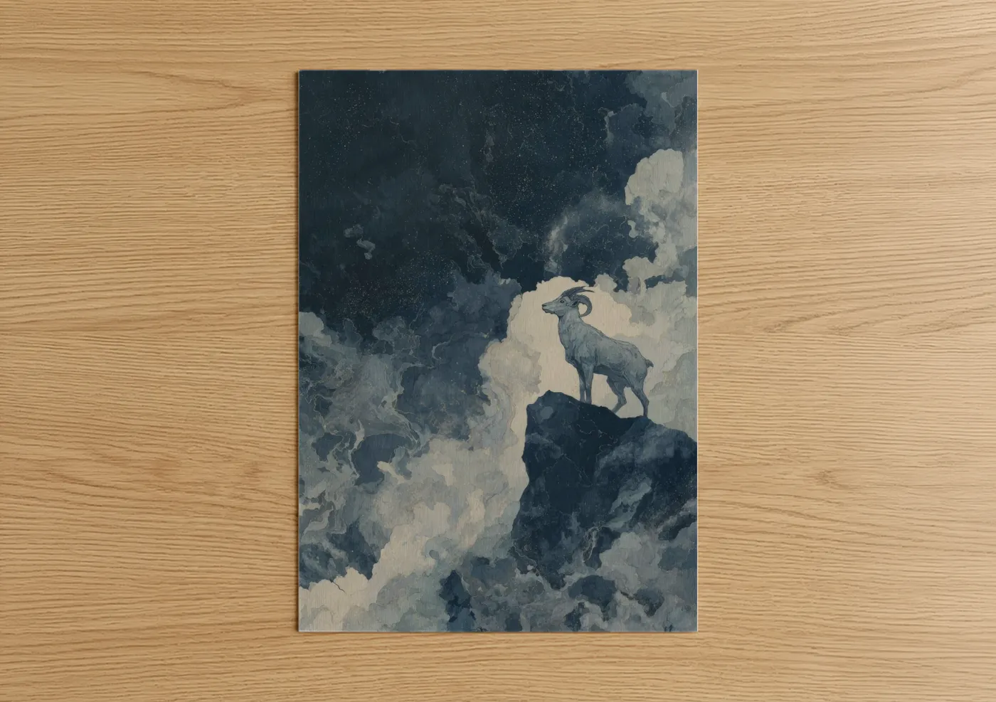 Art print on warm oak wood — blue and white and gray palette — Celestial Capricorn poster