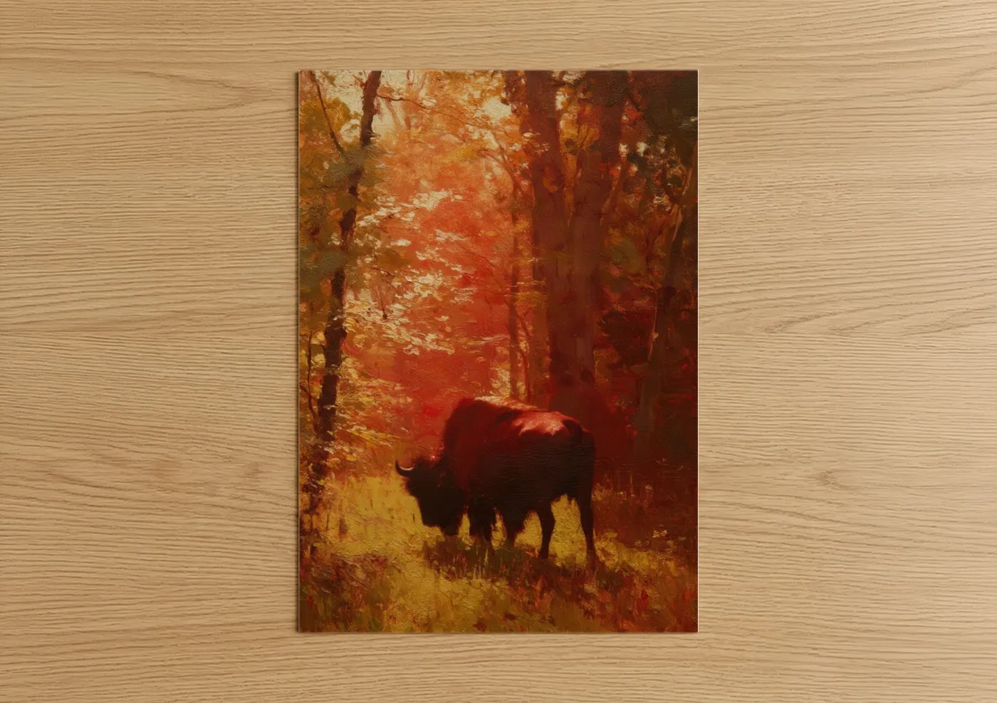 Autumn Bison Forest Landscape Painting Wall Art
