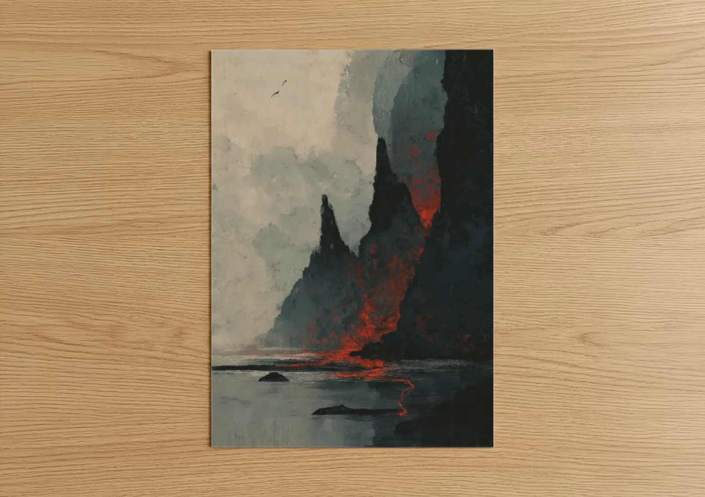 Art print on warm oak wood — black and red palette — Volcanic Cliff Eruption poster