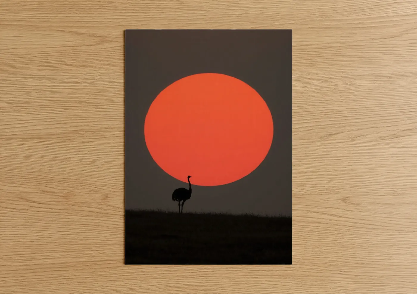 Art print on warm oak wood — red and black palette — Crimson Sunset Ostrich poster