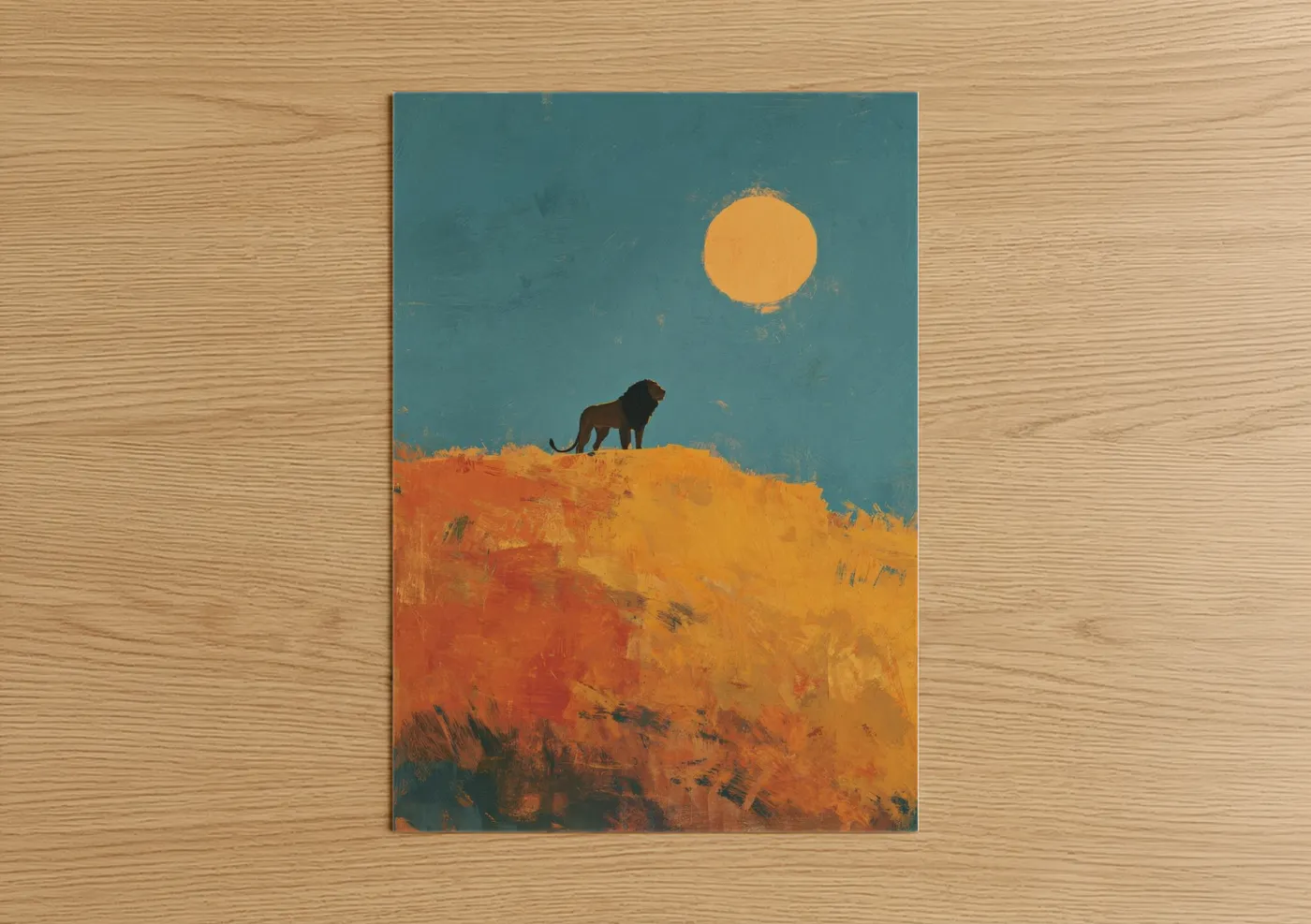 Art print on warm oak wood — gold and teal palette — Leo Guardian poster