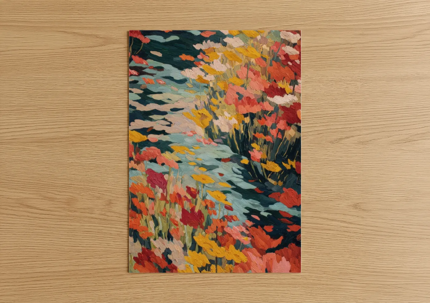 Art print on warm oak wood — red and gold palette — Crimson Wildflower Field poster