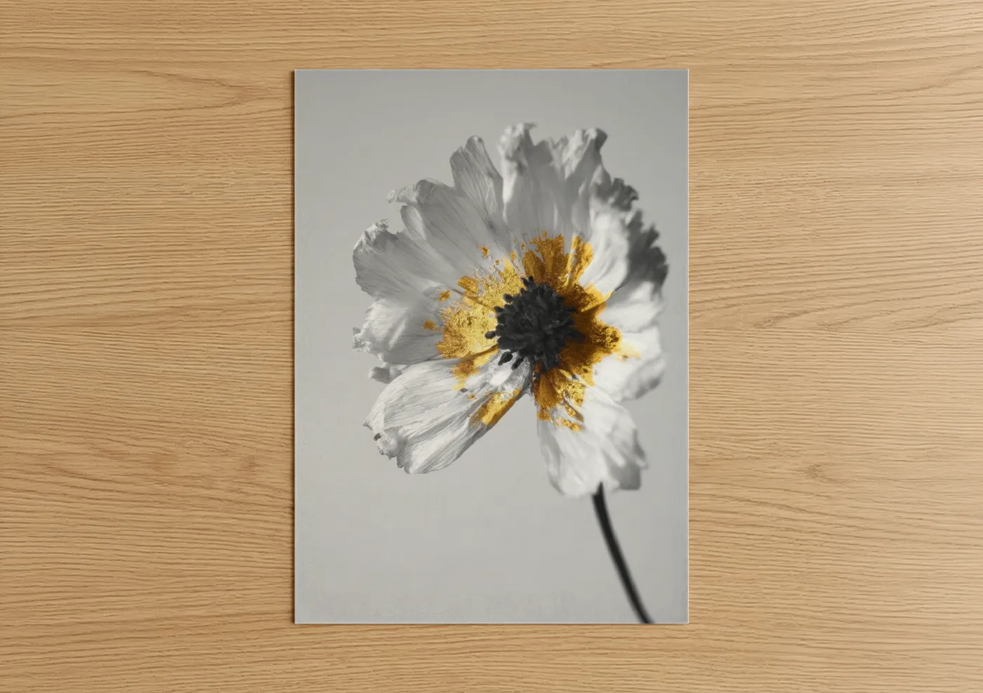 Abstract flower art print on warm oak wood — white and yellow gold palette — Golden Blossom poster