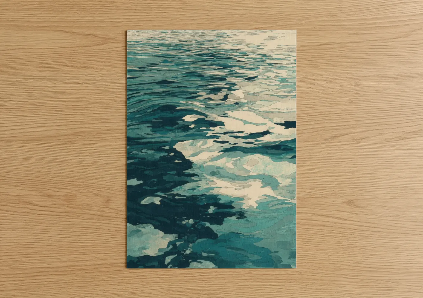 Lakes art print on warm oak wood — teal and cream palette — Turquoise Waters poster