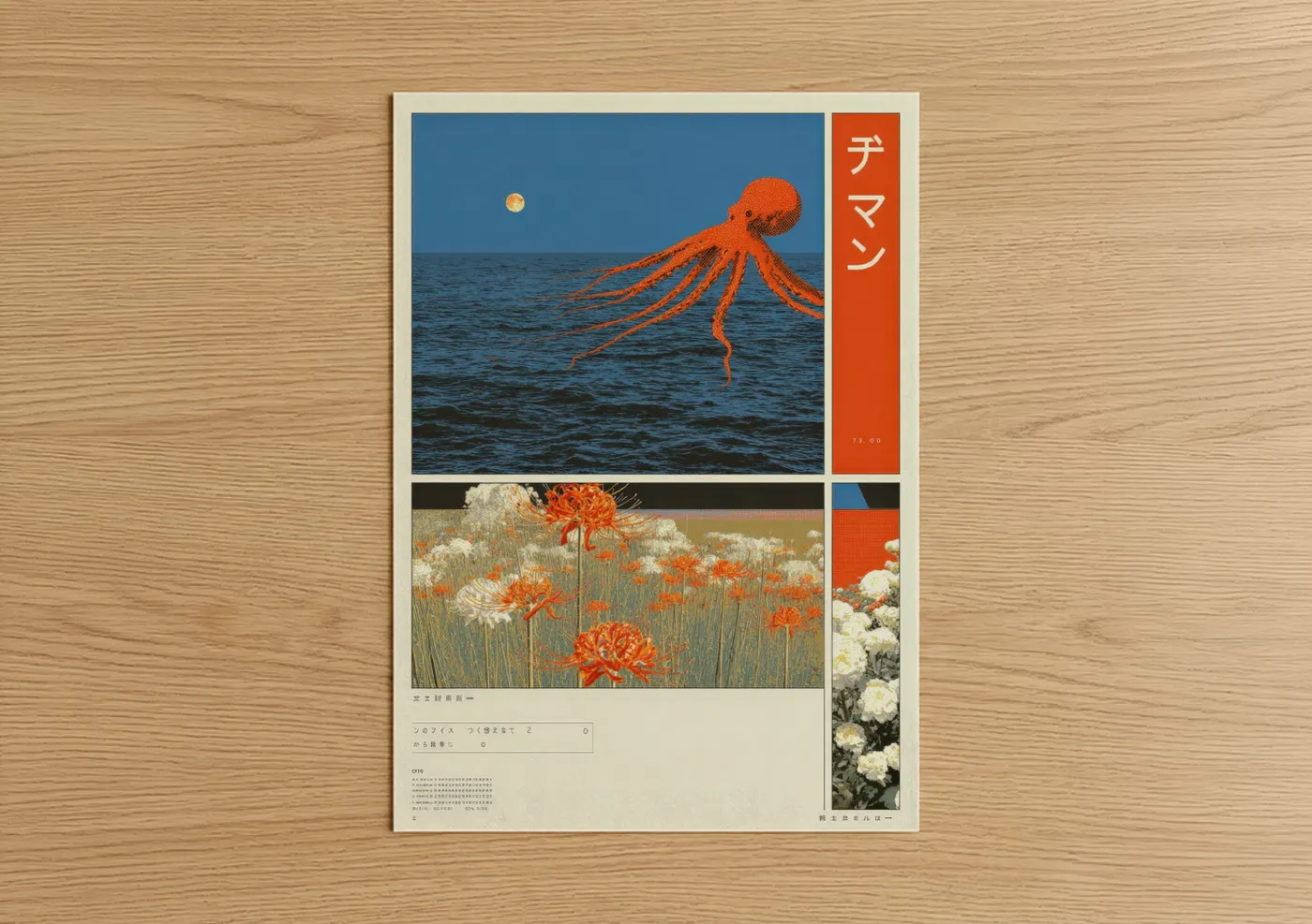 Japanese y2k art print on warm oak wood — blue and pumpkin palette — Octopus Dream poster
