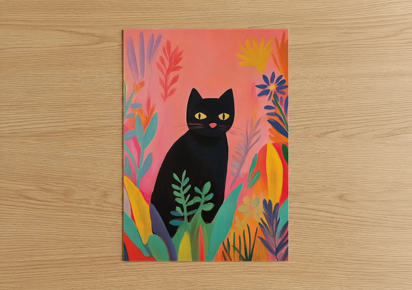 Black Cat Colorful Botanical Garden Wall Art