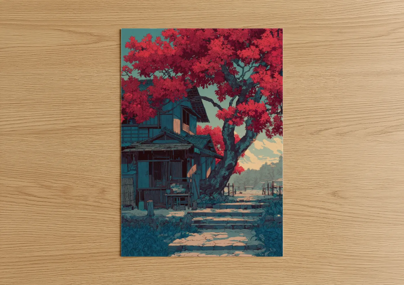 Red Maple Tree Rural House Autumn Wall Art