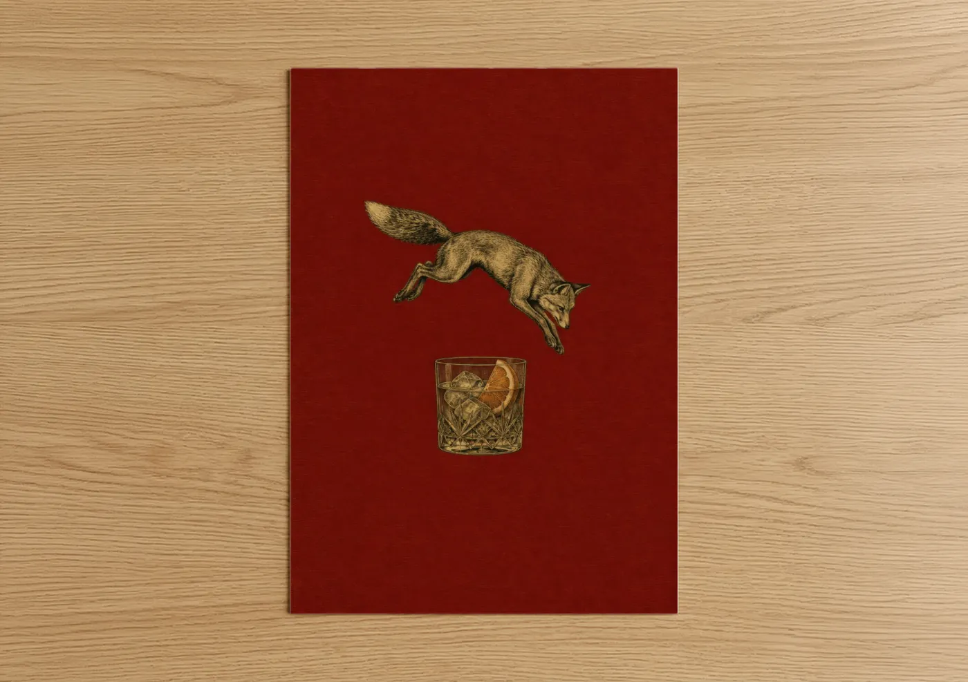 Art print on warm oak wood — red and gold palette — Fox Jumping Over Whiskey Cocktail Wall Art poster