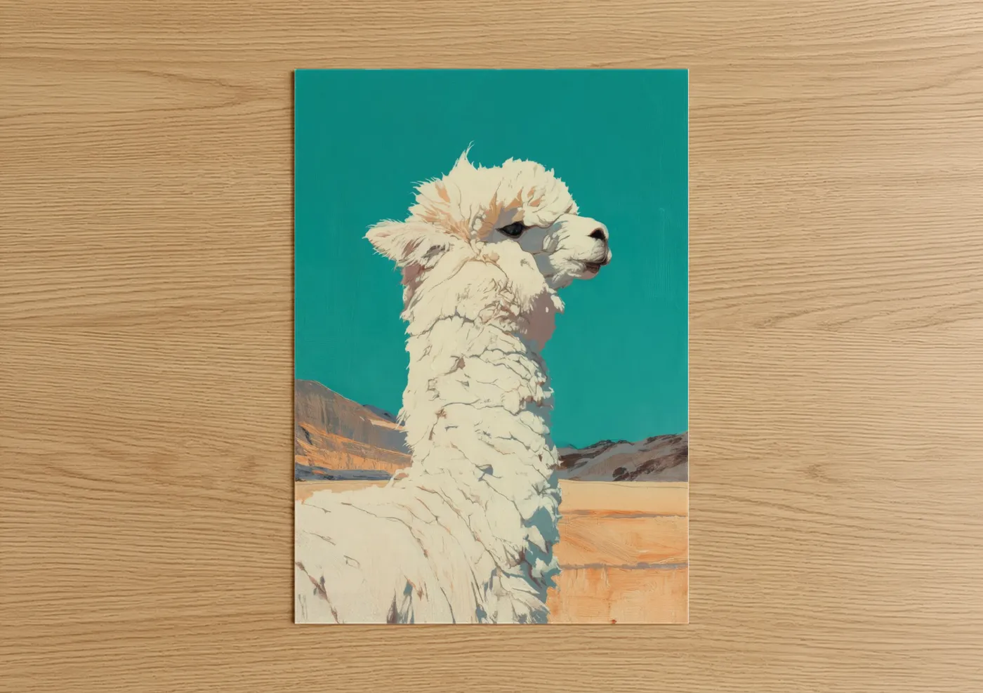 Art print on warm oak wood — teal and beige palette — Desert Alpaca poster